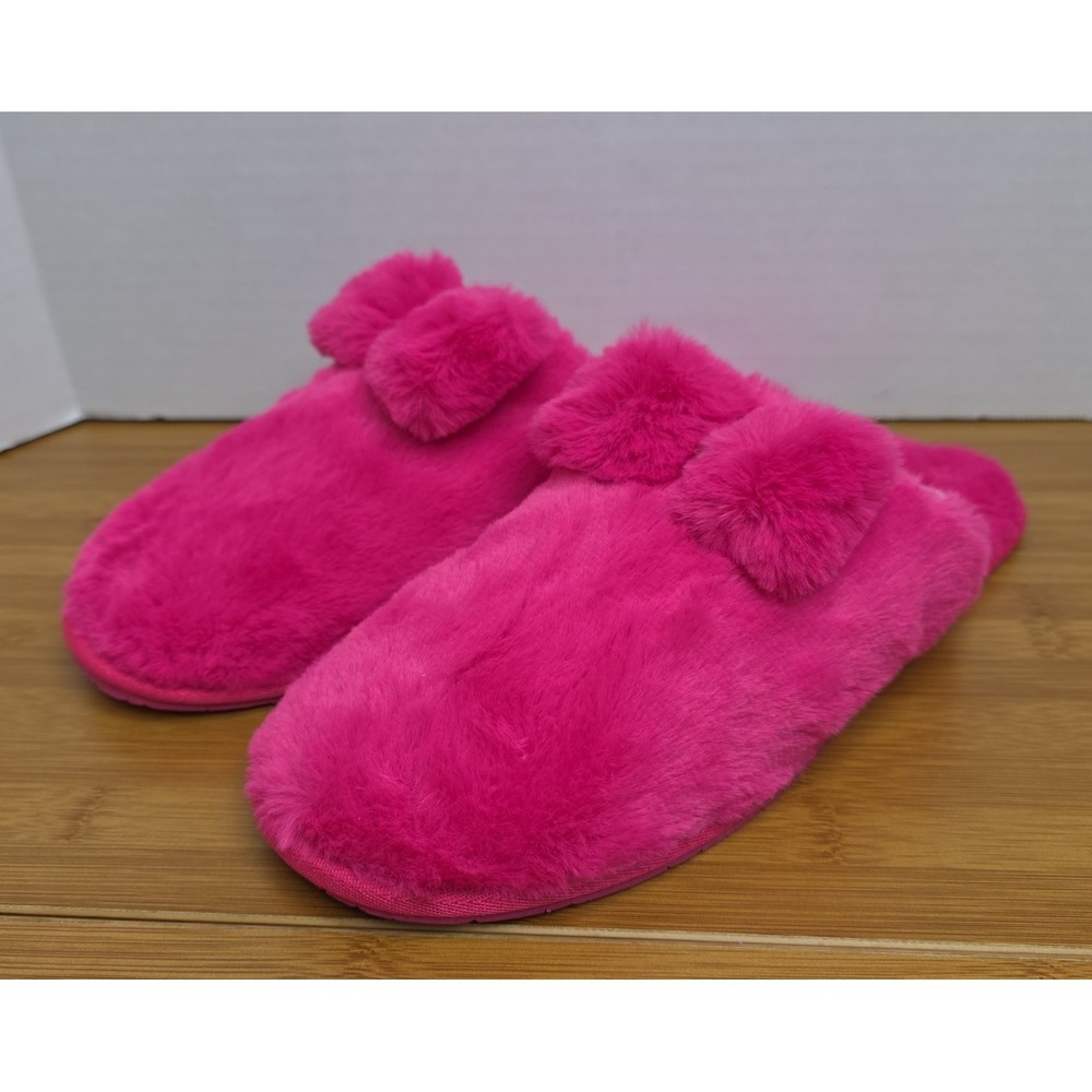 KATE SPADE-HOT PINK-"JAZZY" MULES-SLIPPERS-SLIDES FAUX FUR-BOW/LOGO-SIZE 10B
